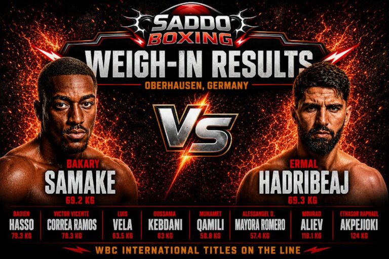 Bakary Samake and Ermal Hadribeaj featured on a fiery Saddo Boxing weigh-in results graphic ahead of their WBC super welterweight eliminator in Oberhausen, Germany.