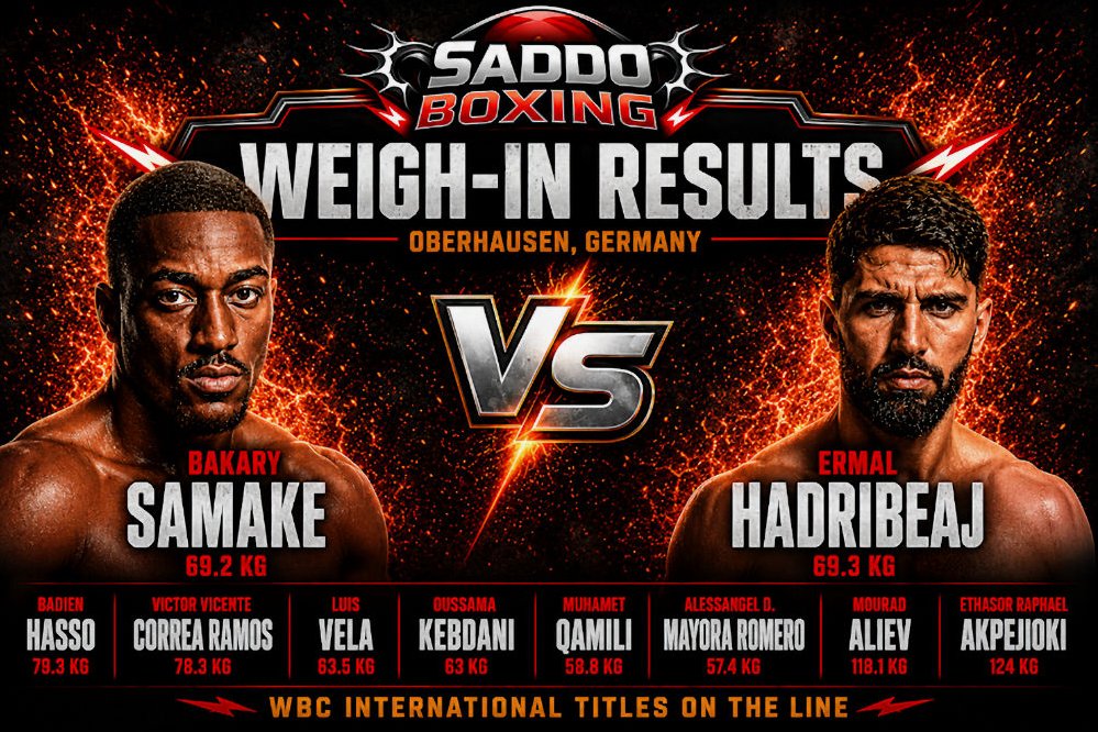Bakary Samake and Ermal Hadribeaj featured on a fiery Saddo Boxing weigh-in results graphic ahead of their WBC super welterweight eliminator in Oberhausen, Germany.