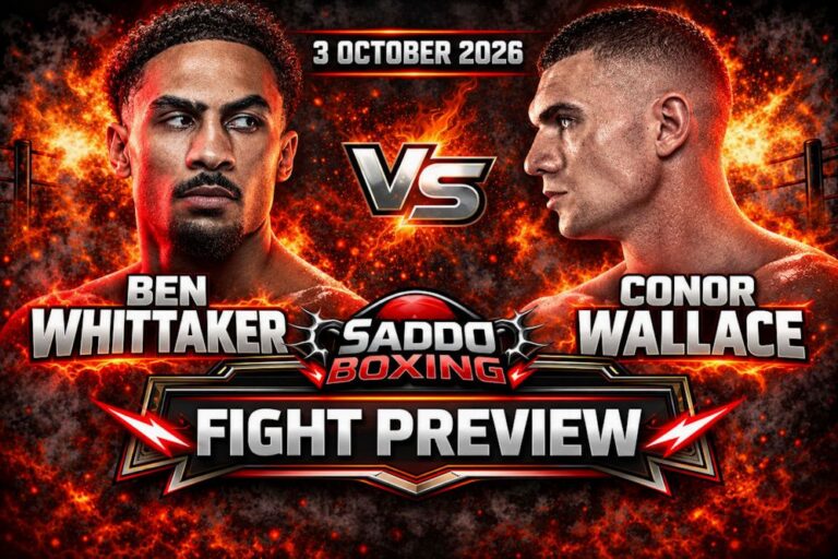 Saddo Boxing fight preview graphic for Ben Whittaker vs Conor Wallace on 3 October 2026.