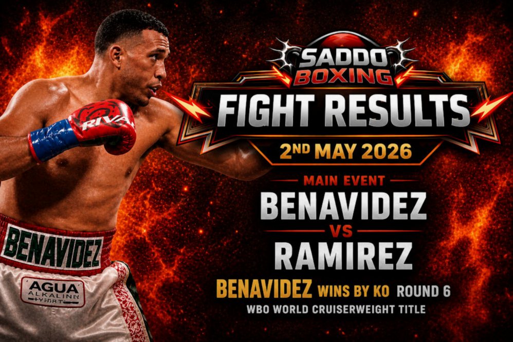 David Benavidez punching Gilberto Ramirez during their cruiserweight title fight in Las Vegas, result graphic showing KO win in round 6