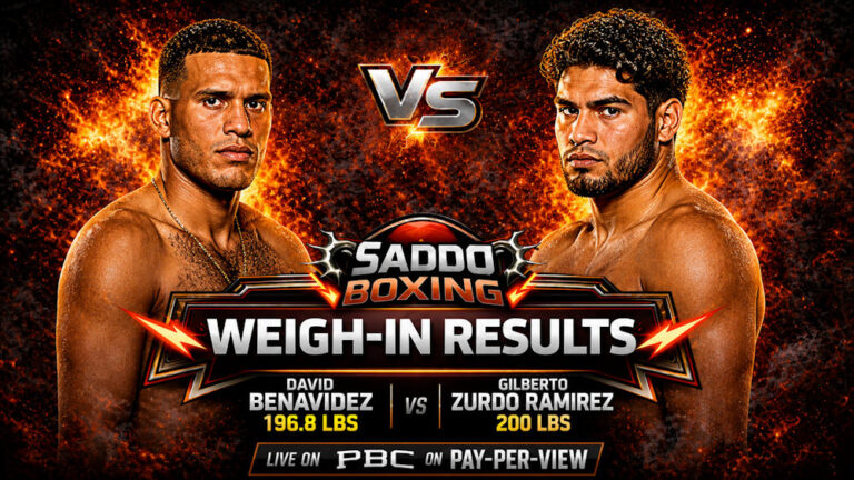 David Benavidez and Gilberto Ramirez weigh-in results poster showing both fighters and official weights