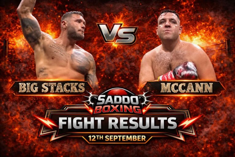 Big Stacks vs Jordan McCann fight results graphic from Misfits Boxing Newcastle on 12 September 2026
