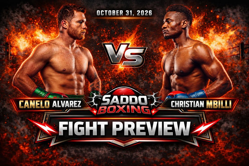 Saddo Boxing fight preview graphic showing Canelo Alvarez on the left and Christian Mbilli on the right, with the date October 31, 2026.