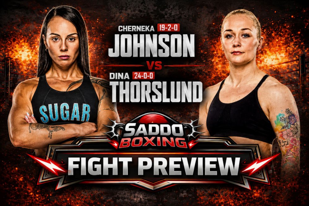 Cherneka Johnson and Dina Thorslund face off in a Saddo Boxing fight preview graphic ahead of their undisputed bantamweight world title clash.