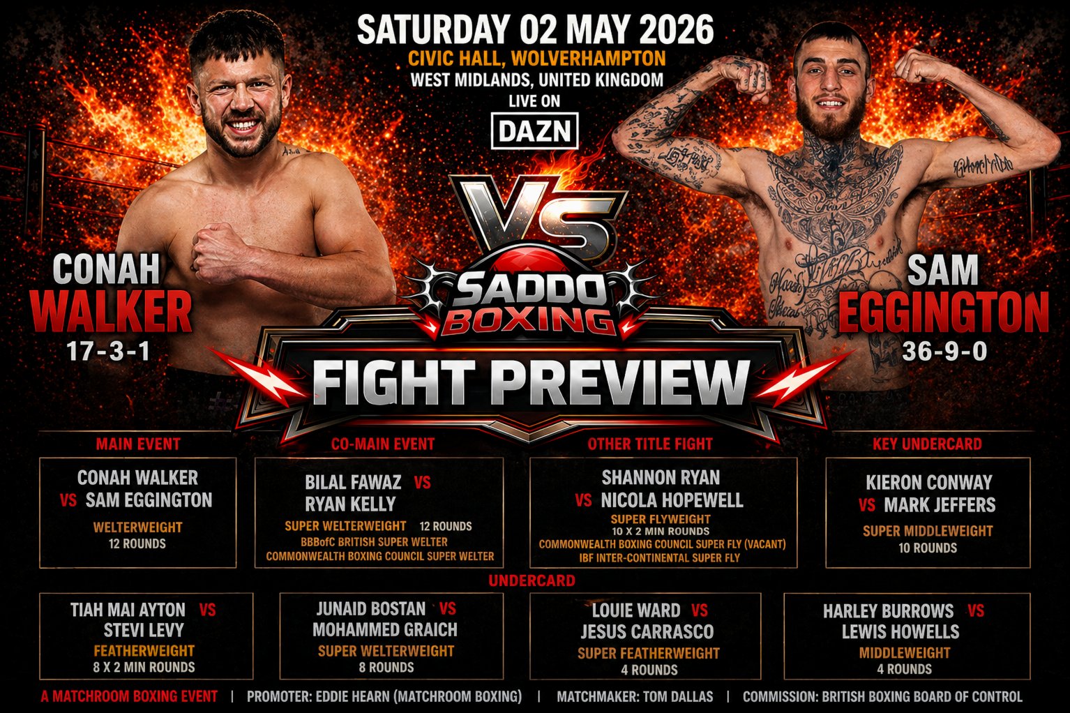 Conah Walker vs Sam Eggington fight preview poster with event details for May 2, 2026 at Civic Hall Wolverhampton