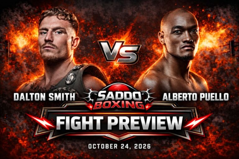 Saddo Boxing fight preview graphic showing Dalton Smith on the left and Alberto Puello on the right, ahead of their October 24, 2026 bout.