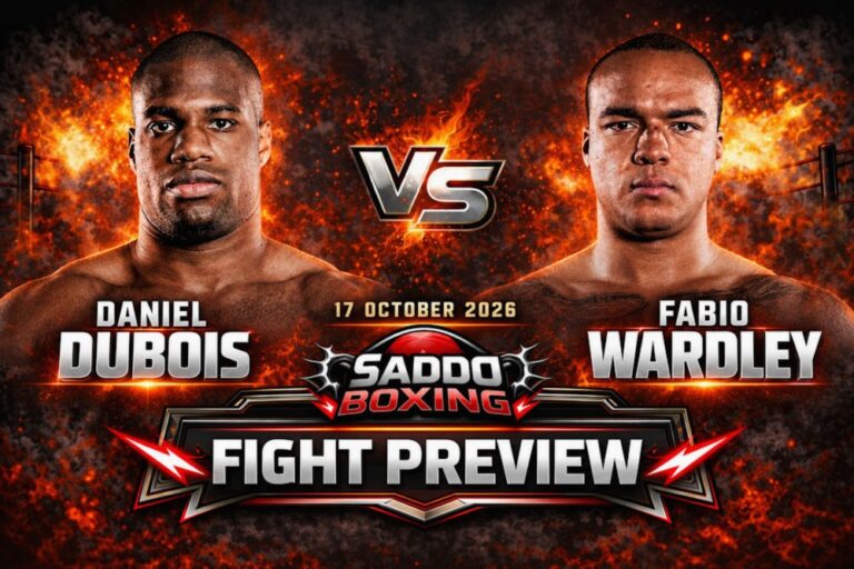 Saddo Boxing fight preview graphic for Daniel Dubois vs Fabio Wardley, with Dubois on the left, Wardley on the right and the fight date, 17 October 2026.