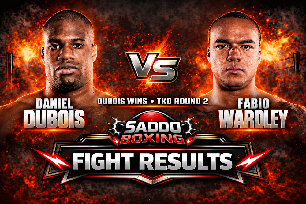 Saddo Boxing results graphic showing Daniel Dubois on the left and Fabio Wardley on the right, with Dubois’ second-round TKO win.