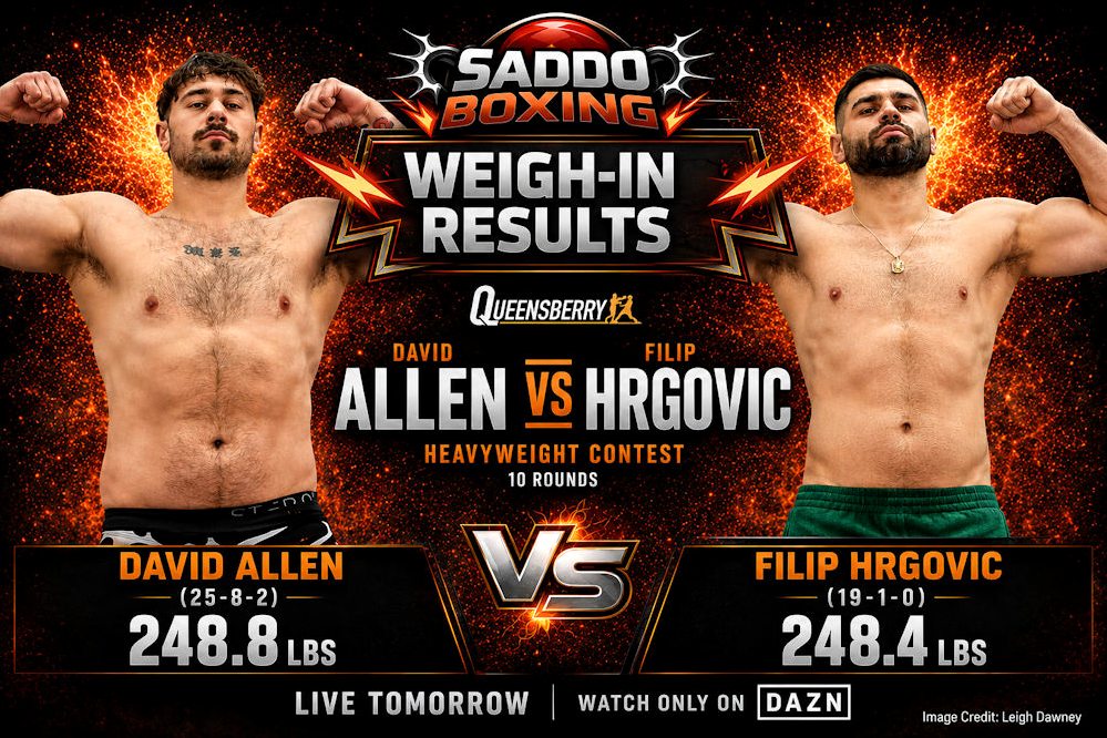Saddo Boxing weigh-in results graphic showing David Allen and Filip Hrgovic flexing on either side of the poster with their official weights displayed ahead of their Doncaster heavyweight fight.