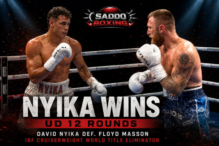 David Nyika and Floyd Masson in the ring during their cruiserweight fight in Auckland, with Nyika winning by unanimous decision after 12 rounds.