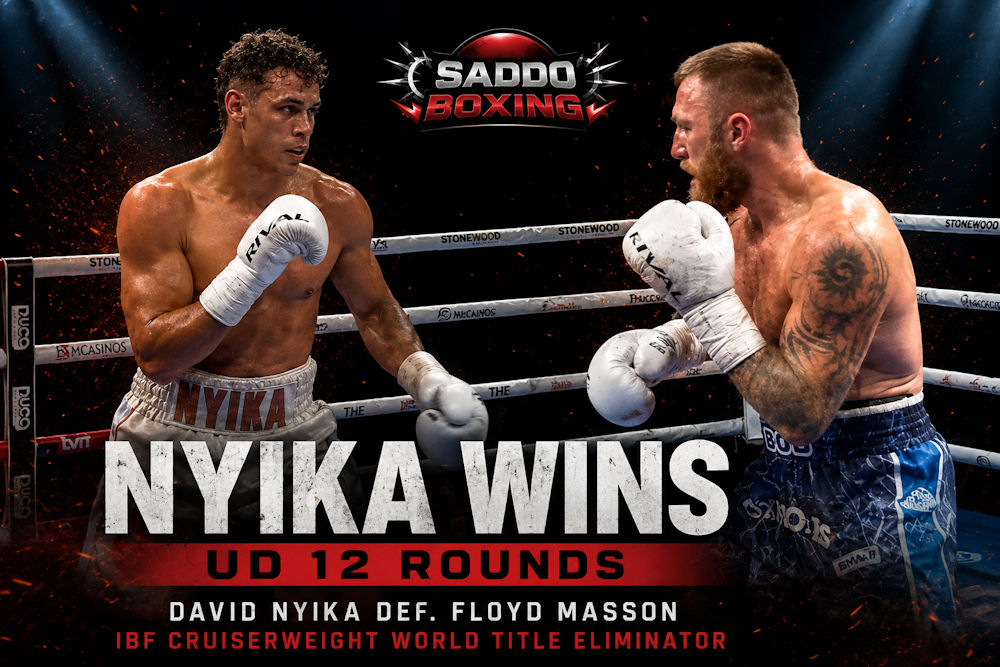 David Nyika and Floyd Masson in the ring during their cruiserweight fight in Auckland, with Nyika winning by unanimous decision after 12 rounds.