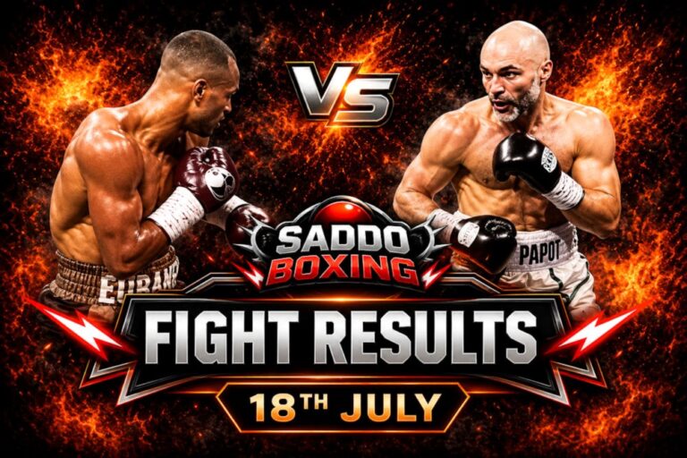Harlem Eubank and David Papot featured in a dramatic Saddo Boxing fight results graphic after Papot's upset unanimous decision victory to win the IBF International Welterweight title on 18 July 2026.