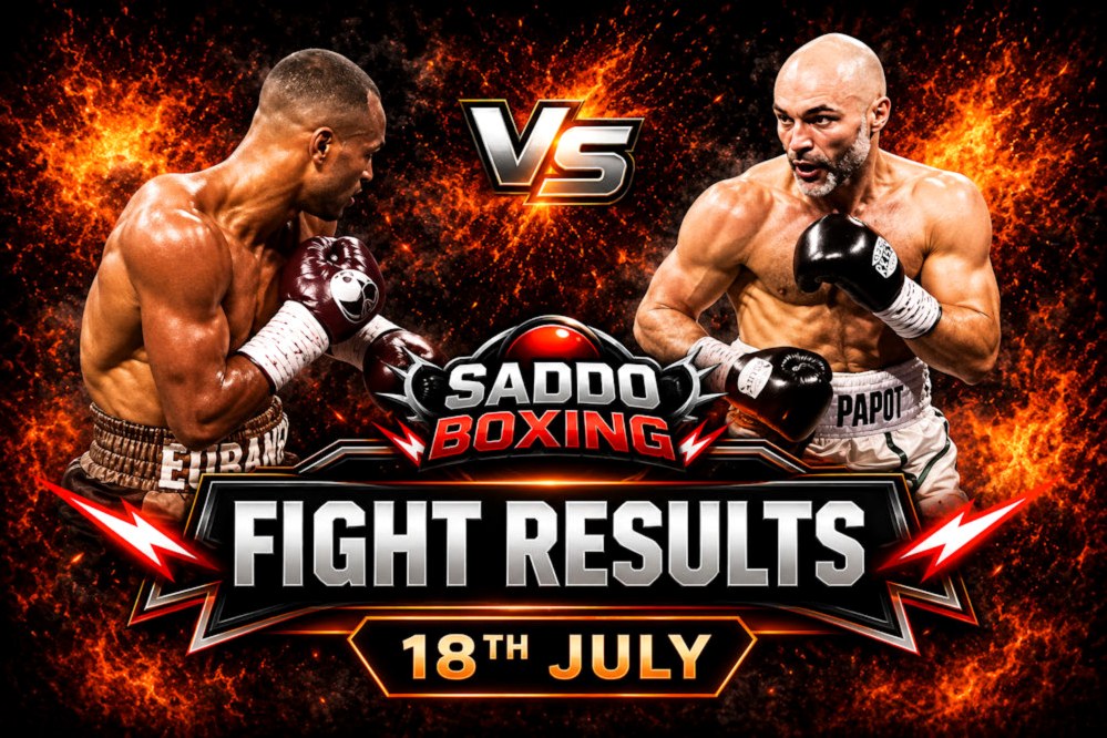 Harlem Eubank and David Papot featured in a dramatic Saddo Boxing fight results graphic after Papot's upset unanimous decision victory to win the IBF International Welterweight title on 18 July 2026.