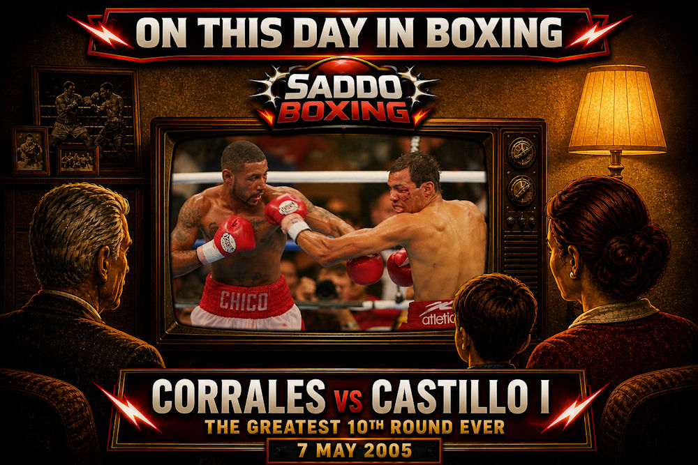 Diego Corrales and Jose Luis Castillo fighting inside a boxing ring shown on a vintage TV as a family watches, commemorating their May 7, 2005 classic bout