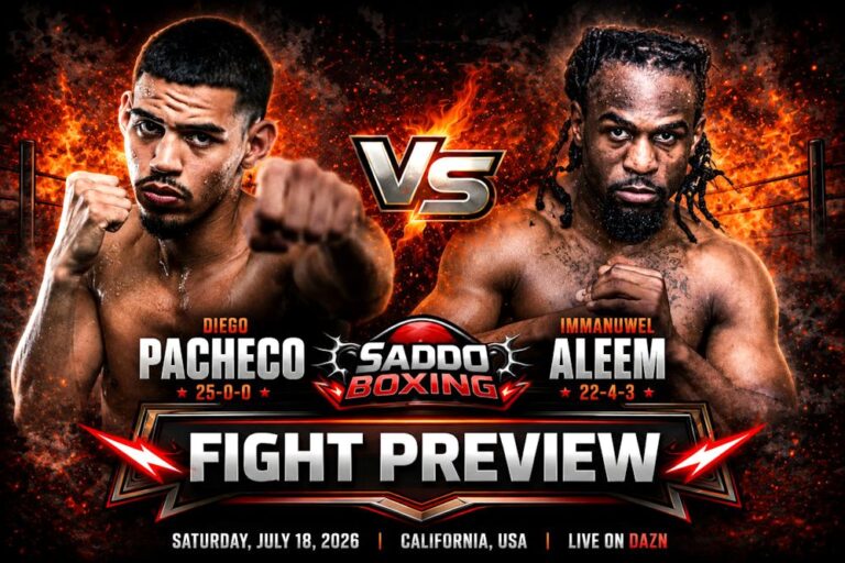 Diego Pacheco and Immanuwel Aleem face off in a promotional fight preview graphic ahead of their super middleweight main event in California on July 18, 2026.