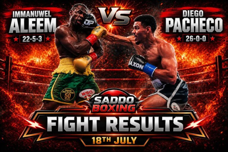 Diego Pacheco lands a right hand on Immanuwel Aleem during their super middleweight fight before stopping Aleem in the eleventh round to retain his unbeaten record and win the WBC Silver and WBO International titles.