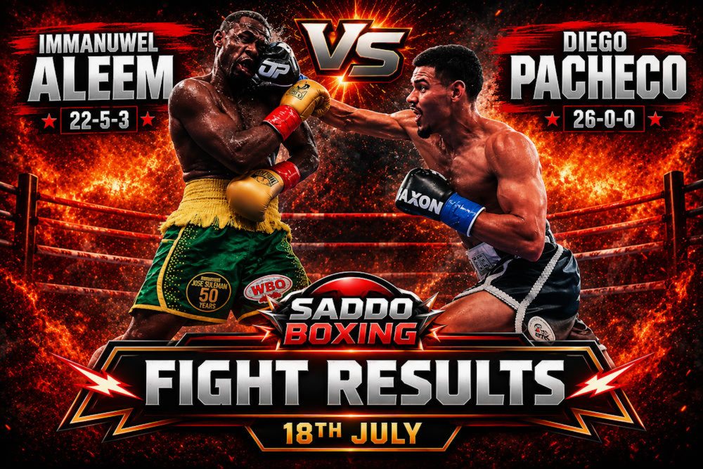 Diego Pacheco lands a right hand on Immanuwel Aleem during their super middleweight fight before stopping Aleem in the eleventh round to retain his unbeaten record and win the WBC Silver and WBO International titles.