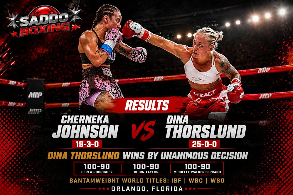 Dina Thorslund lands a punch on Cherneka Johnson in a Saddo Boxing results graphic after Thorslund won by unanimous decision.