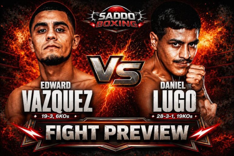 Edward Vazquez and Daniel Lugo featured on a Saddo Boxing fight preview graphic ahead of their WBC USA Super Featherweight title clash.