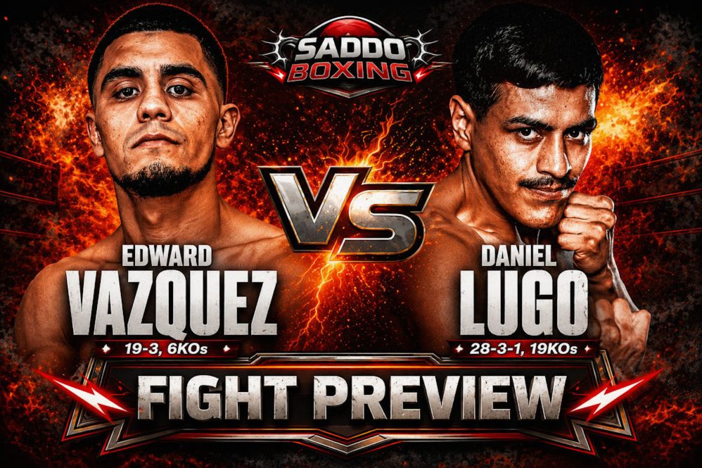 Edward Vazquez and Daniel Lugo featured on a Saddo Boxing fight preview graphic ahead of their WBC USA Super Featherweight title clash.