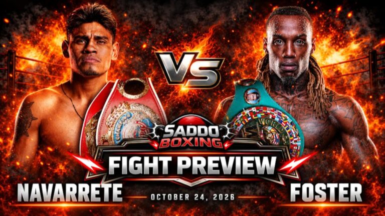 Emanuel Navarrete and O’Shaquie Foster face off on the Saddo Boxing fight preview graphic ahead of their October 24, 2026 bout.