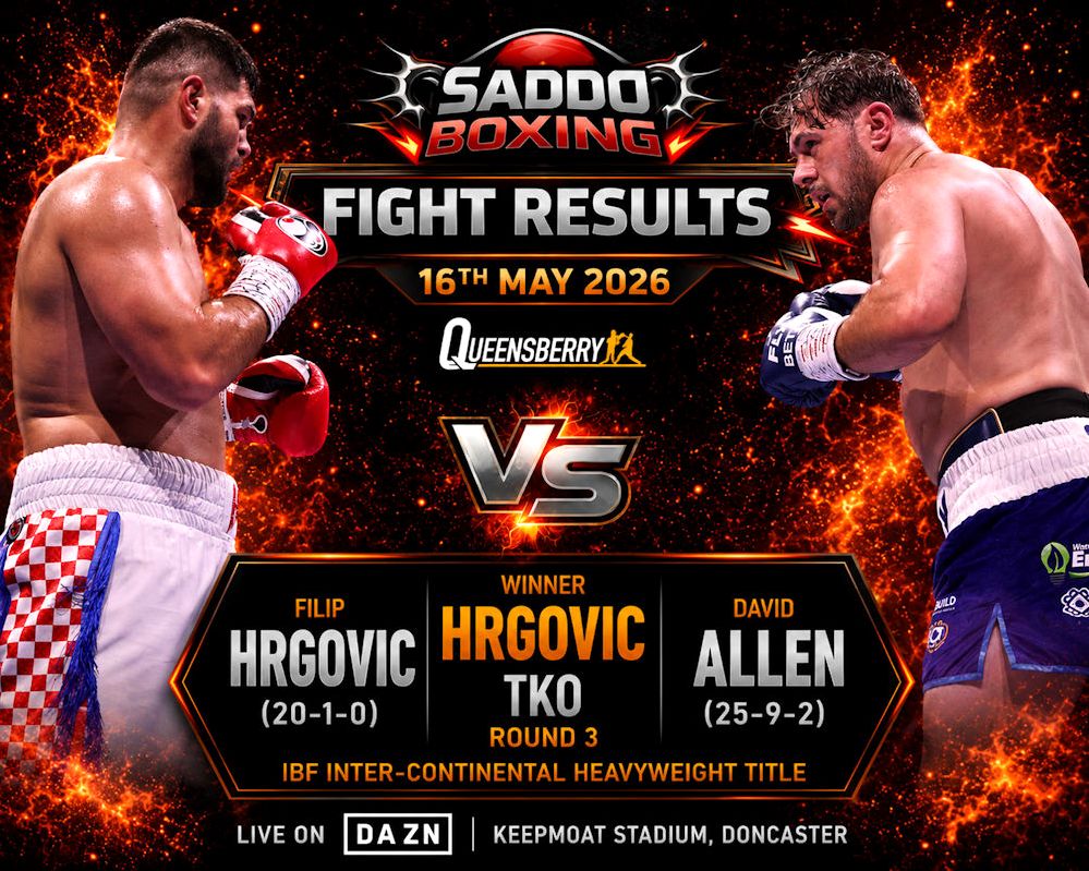 Saddo Boxing fight results graphic showing Filip Hrgovic in white shorts facing David Allen in blue shorts after Hrgovic’s third-round stoppage victory in Doncaster.