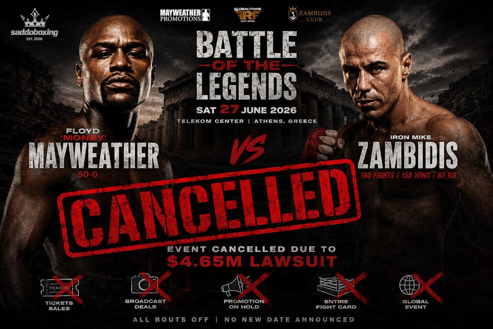 Dramatic cancelled fight poster showing Floyd Mayweather and Mike Zambidis with a large red CANCELLED stamp after their Athens exhibition was called off due to a $4.65 million lawsuit.