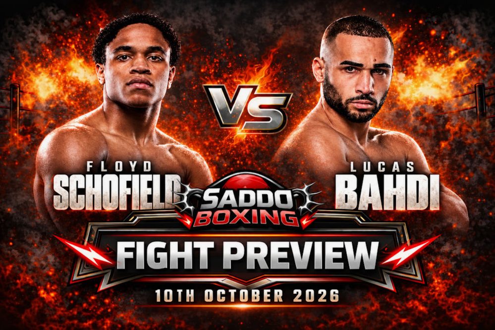 Saddo Boxing fight preview graphic showing Floyd Schofield on the left and Lucas Bahdi on the right, ahead of their 10 October 2026 bout.
