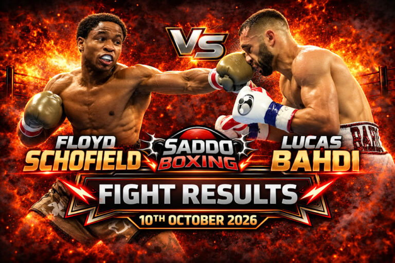 Saddo Boxing fight results graphic showing Floyd Schofield on the left and Lucas Bahdi on the right, with a central VS and the date 10 October 2026.
