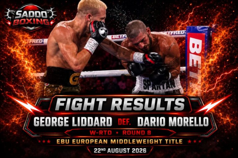 George Liddard lands against Dario Morello during their European middleweight title fight, which Liddard won by eighth-round retirement.