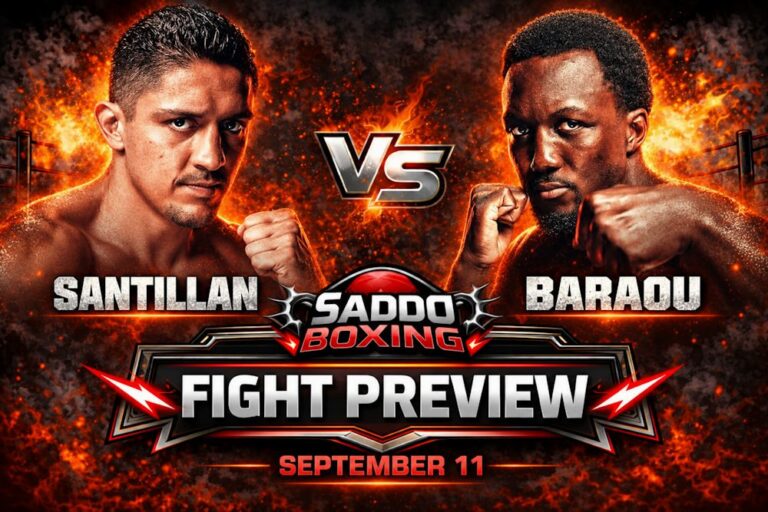 Giovani Santillan vs Abass Baraou fight preview graphic for their September 11 super-welterweight bout