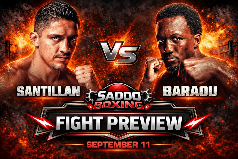 Giovani Santillan vs Abass Baraou fight preview graphic for their September 11 super-welterweight bout
