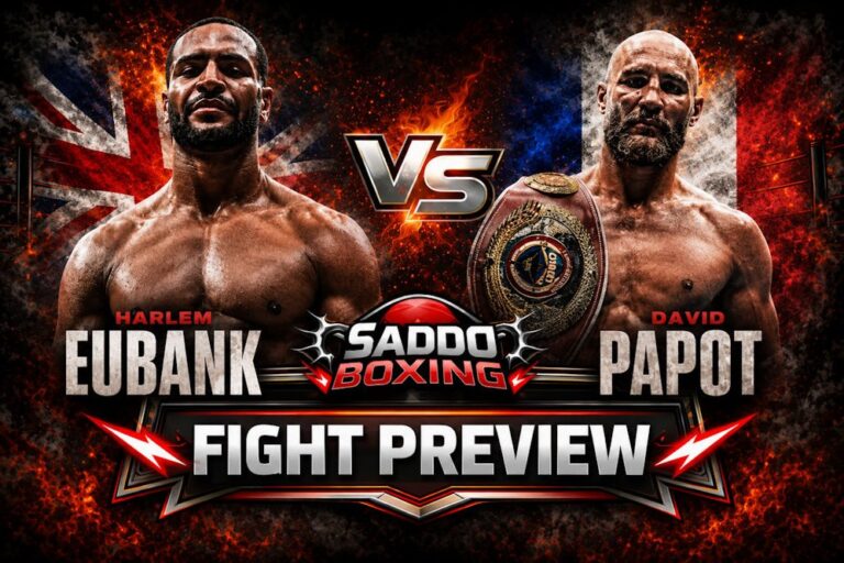 Harlem Eubank and David Papot face off in a fiery Saddo Boxing fight preview graphic ahead of their welterweight main event at London's Copper Box Arena.
