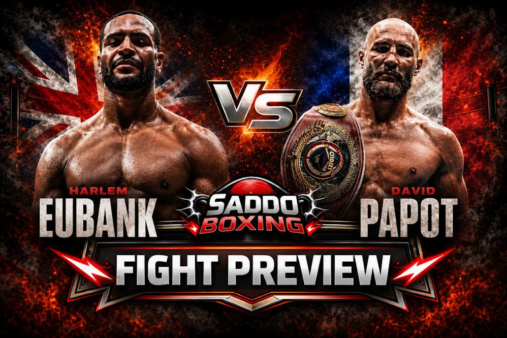 Harlem Eubank and David Papot face off in a fiery Saddo Boxing fight preview graphic ahead of their welterweight main event at London's Copper Box Arena.