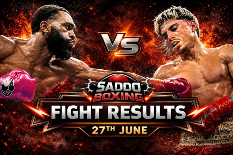 Jaron "Boots" Ennis lands a powerful punch on Xander Zayas in the Saddo Boxing fight results graphic following Ennis' seventh-round TKO victory to become unified super welterweight world champion.