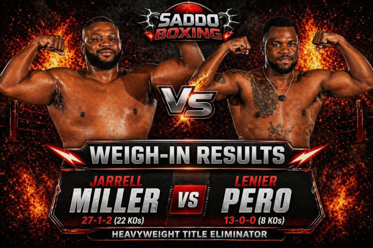 Jarrell Miller vs Lenier Pero weigh in results poster with fighters flexing ahead of Las Vegas fight