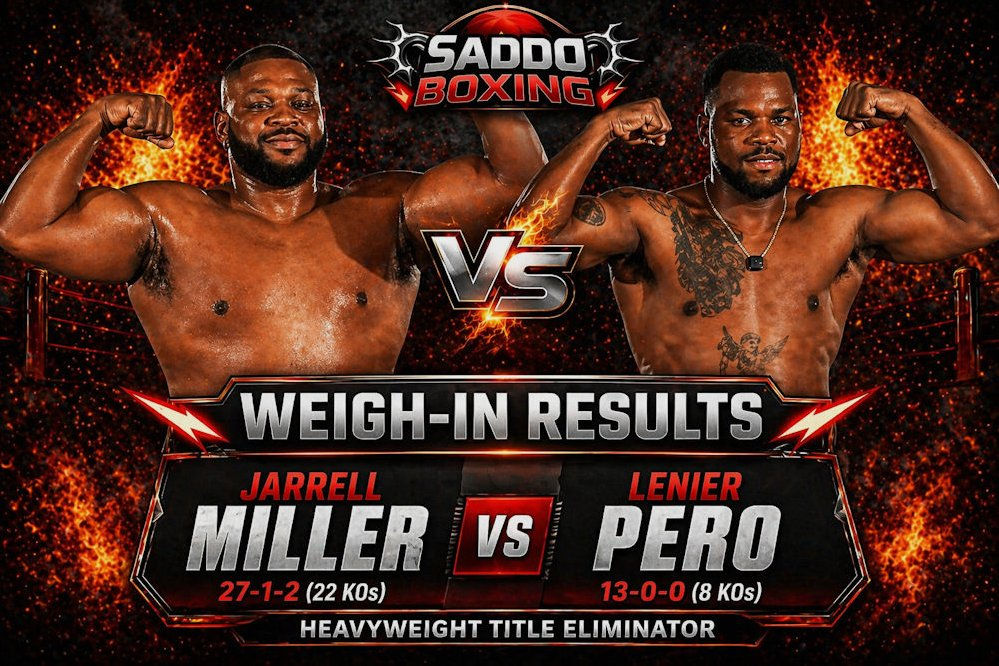 Jarrell Miller vs Lenier Pero weigh in results poster with fighters flexing ahead of Las Vegas fight