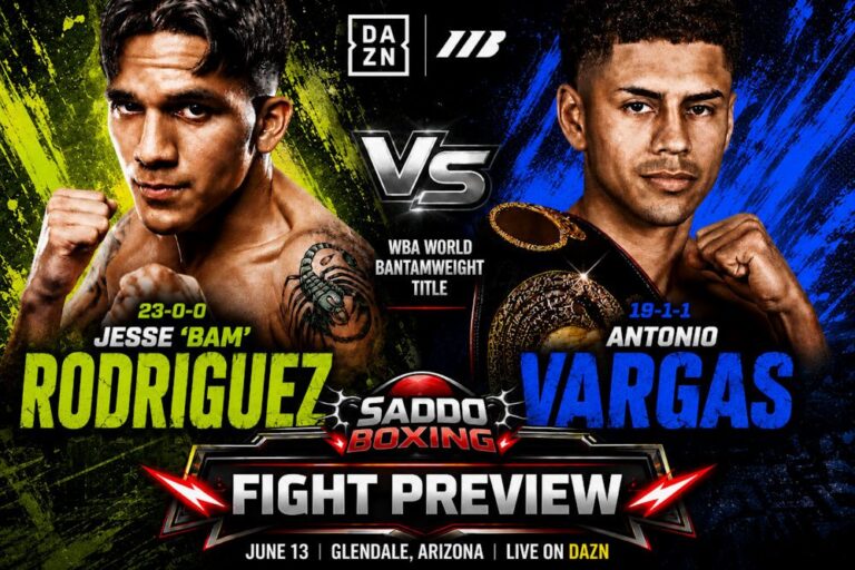 Jesse Rodriguez and Antonio Vargas face off in a Saddo Boxing fight preview graphic ahead of their WBA World Bantamweight Title clash on June 13 in Glendale, Arizona.