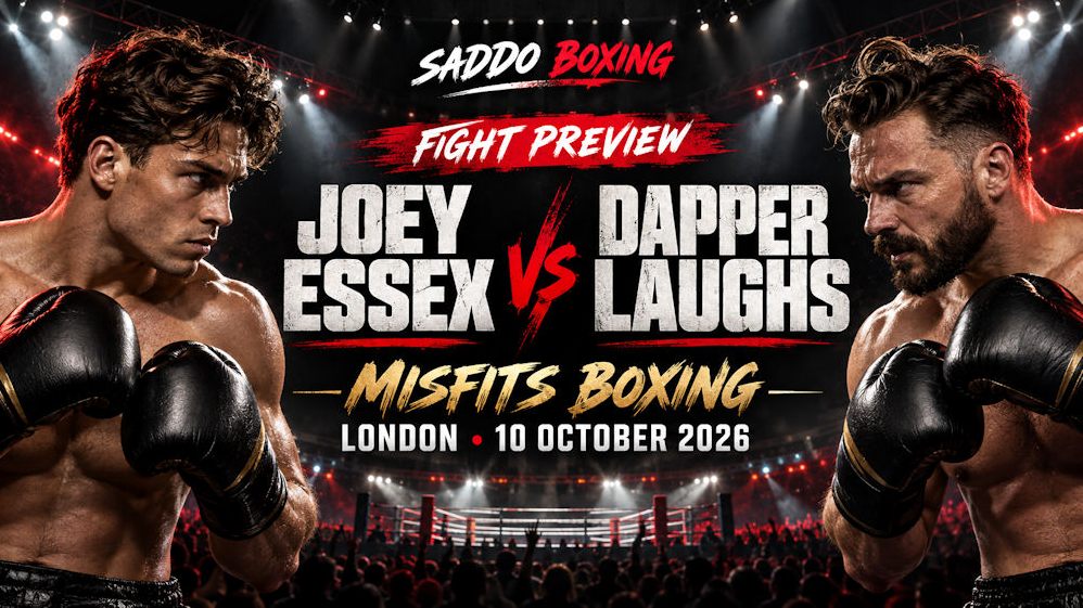 Saddo Boxing preview graphic for Joey Essex vs Dapper Laughs at Misfits Boxing in London on 10 October 2026