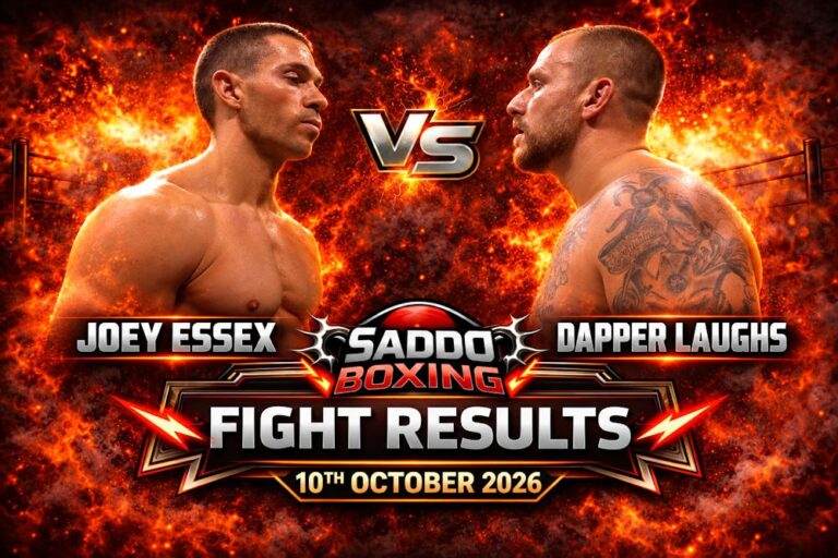 Saddo Boxing Fight Results graphic showing Joey Essex and Dapper Laughs facing off at Misfits Boxing in London on 10 October 2026