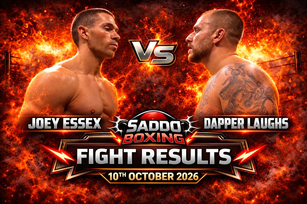 Saddo Boxing Fight Results graphic showing Joey Essex and Dapper Laughs facing off at Misfits Boxing in London on 10 October 2026