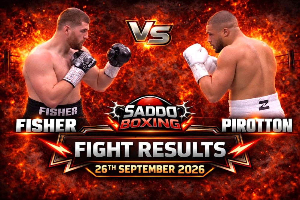 Saddo Boxing Fight Results graphic showing Johnny Fisher on the left and Michael Pirotton on the right, dated 26 September 2026