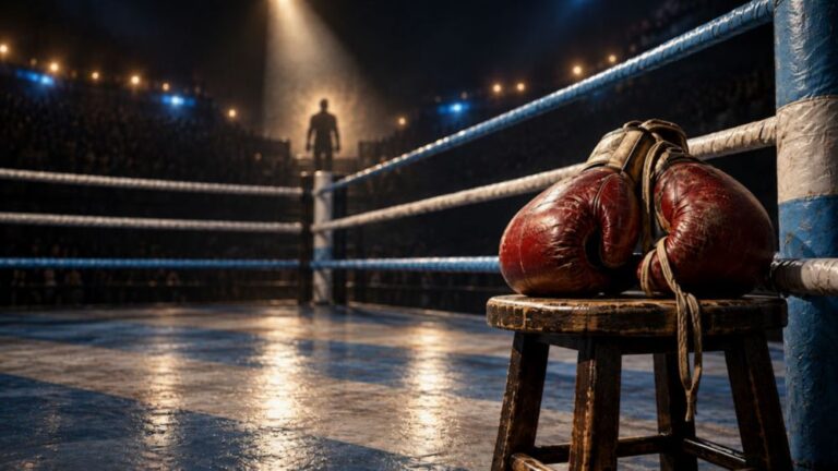 Worn red boxing gloves rest on a stool in an empty ring, with a distant silhouette under arena lights, in tribute to Jorge “Locomotora” Castro.