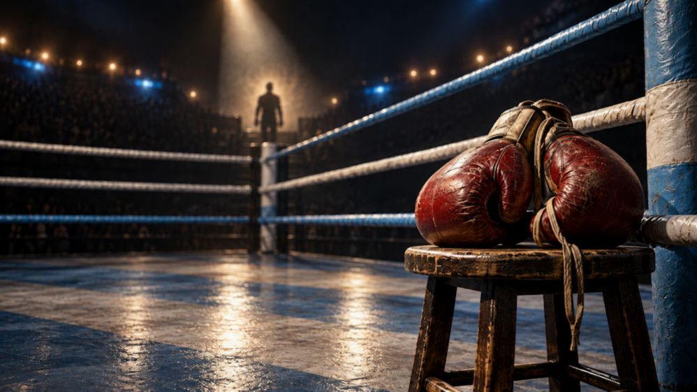 Worn red boxing gloves rest on a stool in an empty ring, with a distant silhouette under arena lights, in tribute to Jorge “Locomotora” Castro.