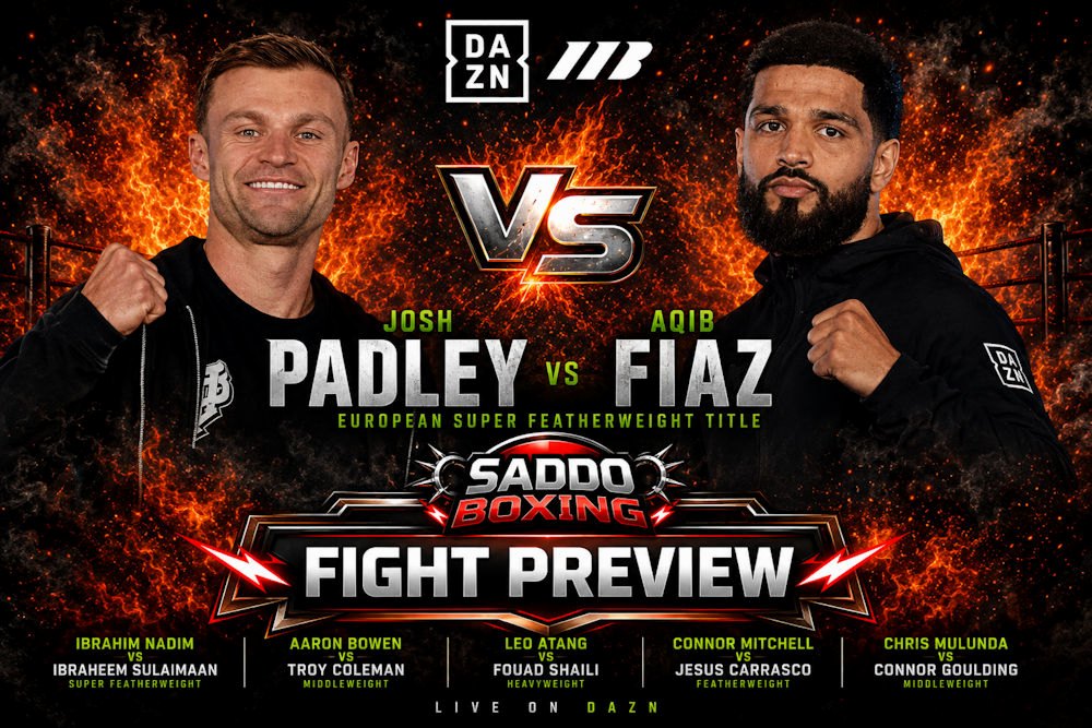Josh Padley and Aqib Fiaz face off on a Saddo Boxing fight preview poster ahead of their European Super Featherweight Title clash in Sheffield.