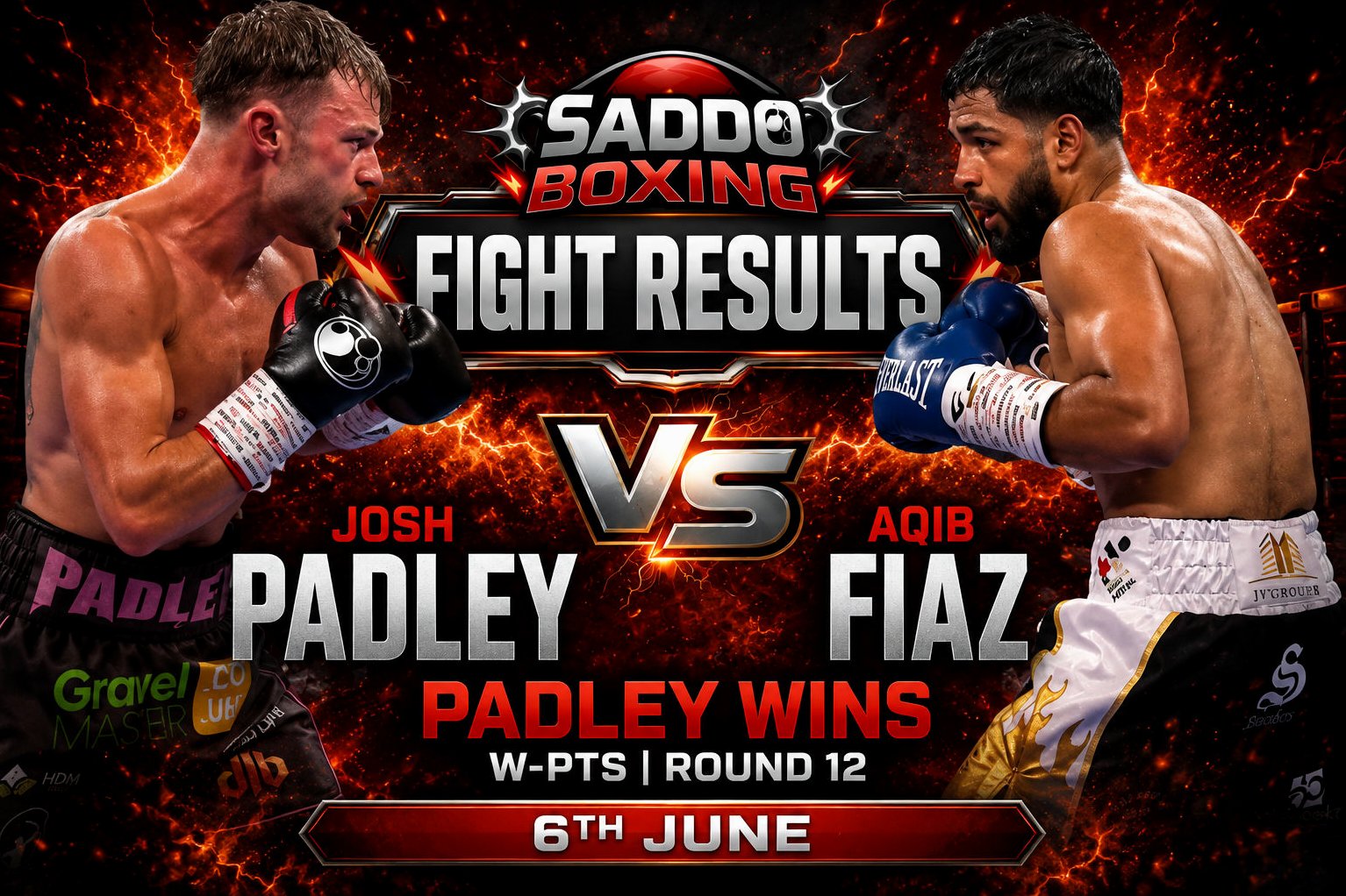 Josh Padley and Aqib Fiaz featured on a Saddo Boxing fight results graphic after their European Super Featherweight Title fight in Sheffield on 6th June.
