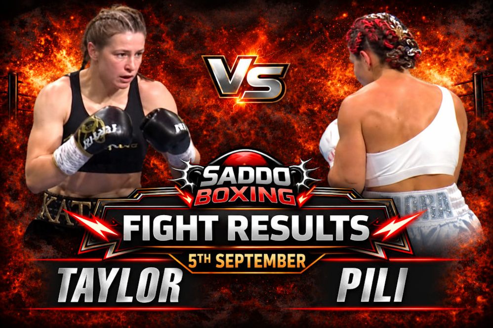 Katie Taylor and Flora Pili during their world title fight at Croke Park in Dublin on 5 September 2026, featured in a Saddo Boxing Fight Results graphic.