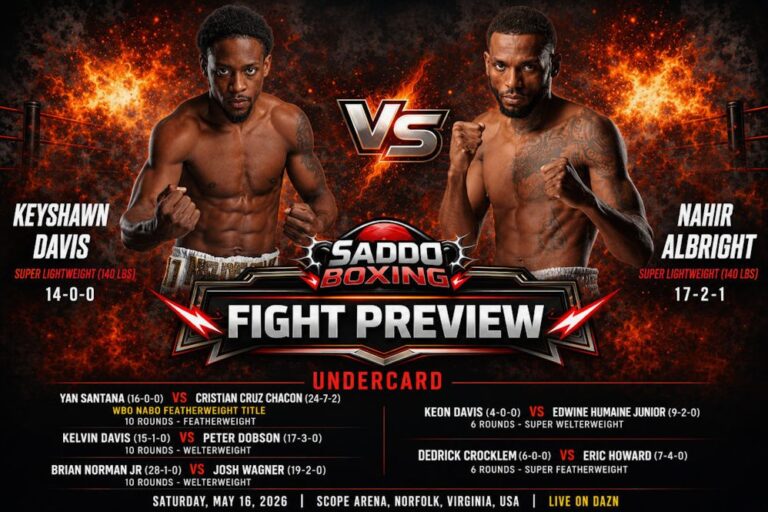 Keyshawn Davis and Nahir Albright 2 face off on a Saddo Boxing fight preview poster with fiery background and full undercard details for the May 16, 2026 Norfolk event.