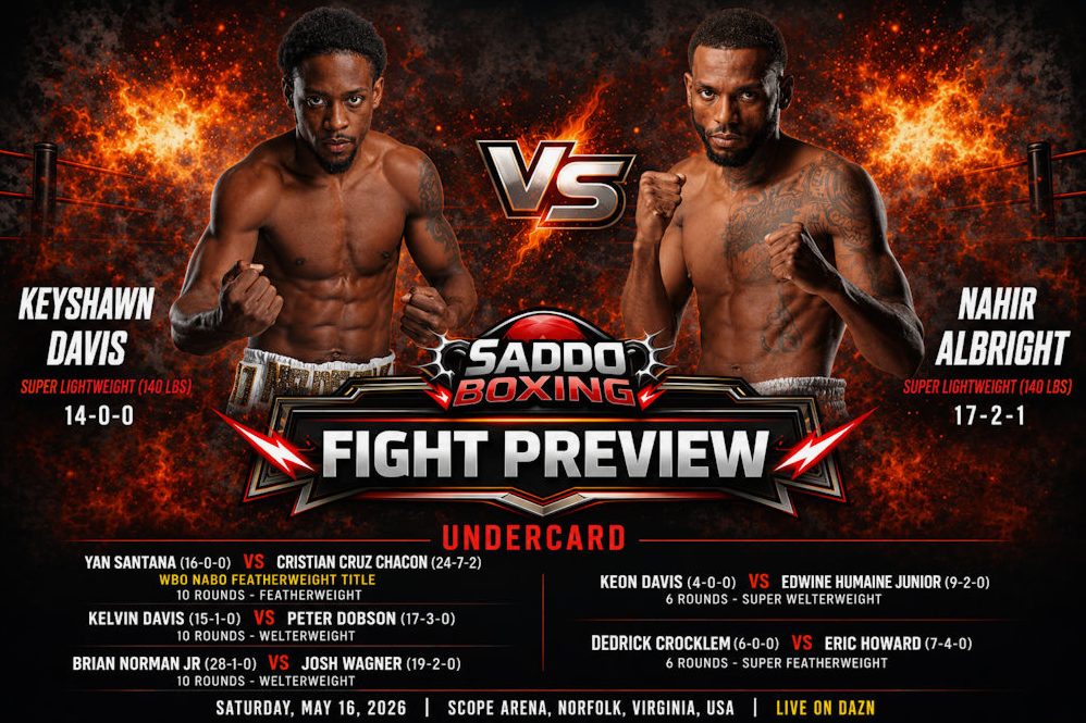 Keyshawn Davis and Nahir Albright 2 face off on a Saddo Boxing fight preview poster with fiery background and full undercard details for the May 16, 2026 Norfolk event.
