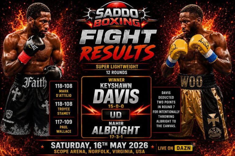 Keyshawn Davis and Nahir Albright featured on a Saddo Boxing fight results graphic after Davis won a unanimous decision in their May 2026 Norfolk rematch.